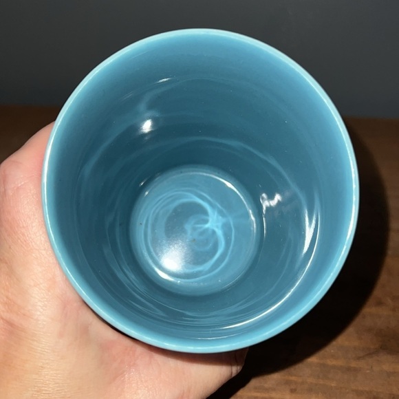 STARBUCKS 2011 Tazo Tea turquoise blue & bone white mug slant top 3 3/4” tall - Picture 5 of 10
